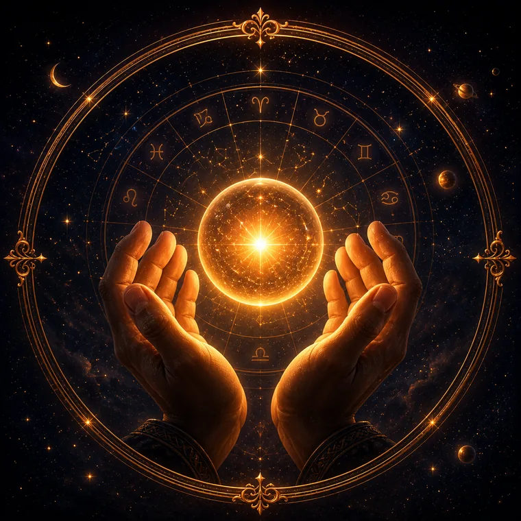 Hands cradling the light of a free Vedic horoscope reading