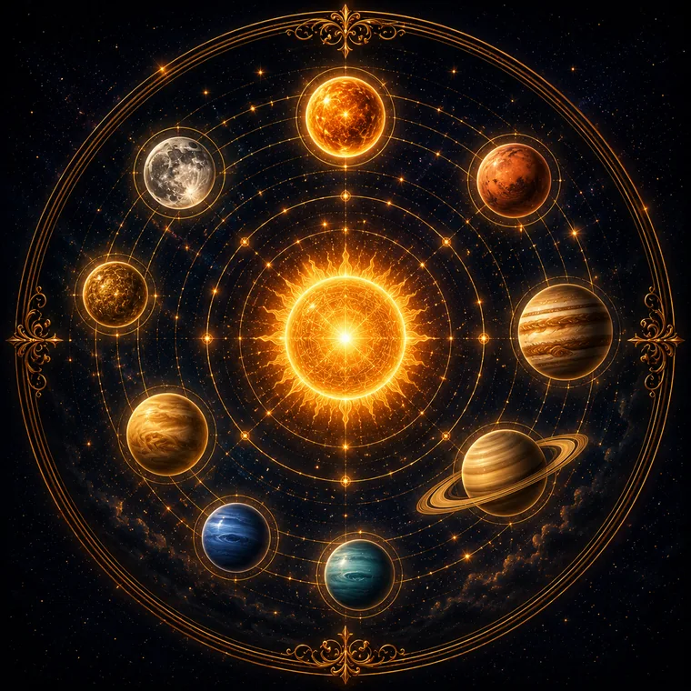 The nine planets of Vedic astrology orbiting the Sun